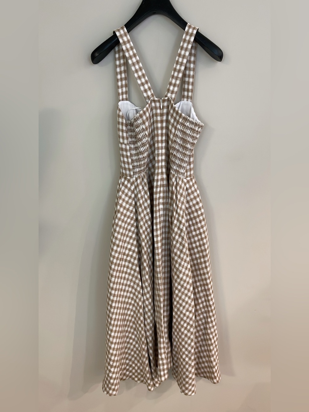 NEW Reformation Roma Midi Linen Dress Dunes Check Gingham Tan White Size 4 - Picture 14 of 15